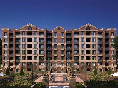 Multi Story Brick Residential Building With Front Courtyard Lush Greenery And Decorative Windows 3d model