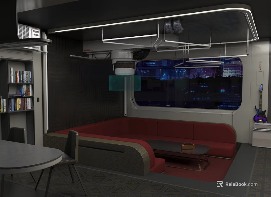 Modern Apartment Interior With Red Sofa Bookshelf Night View Window And Table 3d model 