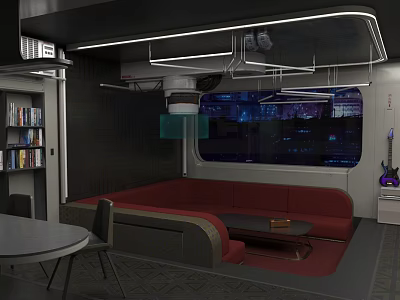 Modern Apartment Interior With Red Sofa Bookshelf Night View Window And Table 3d model