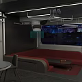 Modern Apartment Interior With Red Sofa Bookshelf Night View Window And Table