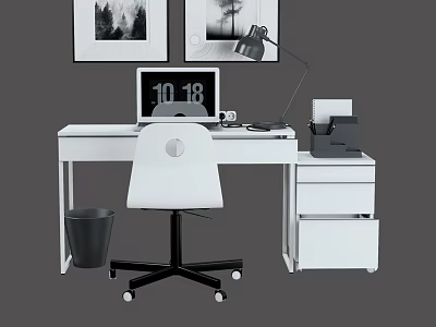 Modern White Desk Setup With Laptop Desk Lamp Printer Chair And Wall Paintings 3d model