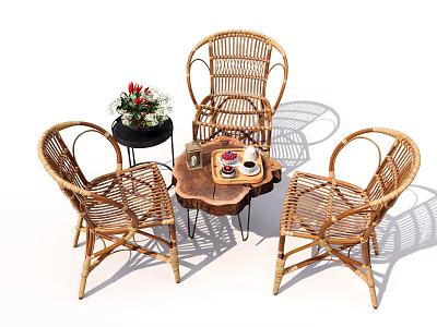 Outdoor Table with Rattan Chairs Wooden Top Tray Cups Teapot and Side Table with Flowers 3d model