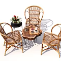 Outdoor Table with Rattan Chairs Wooden Top Tray Cups Teapot and Side Table with Flowers