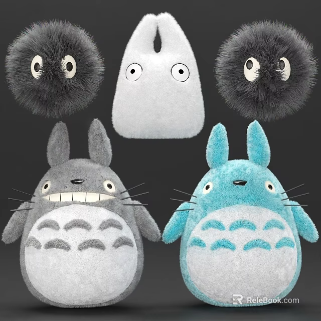 Cute Soft Furry Plush Toys With Big Eyes In Gray Blue Black And White 3d model 