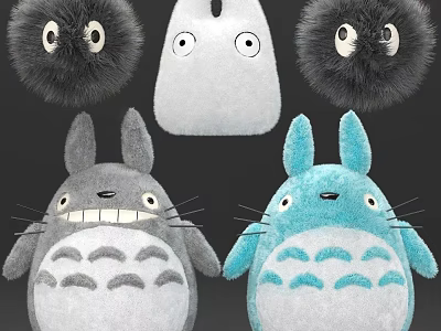 Cute Soft Furry Plush Toys With Big Eyes In Gray Blue Black And White 3d model