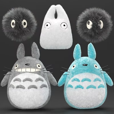 Cute Soft Furry Plush Toys With Big Eyes In Gray Blue Black And White 3d model