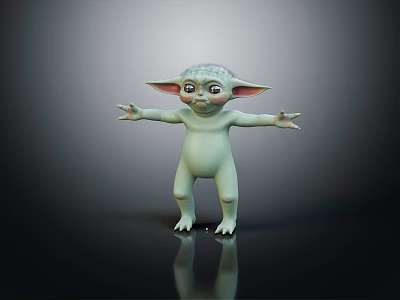 Green Creature with Large Ears and Big Eyes Standing with Outstretched Arms on Dark Background 3d model