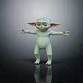 Green Creature with Large Ears and Big Eyes Standing with Outstretched Arms on Dark Background