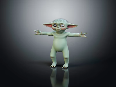 Green Creature with Large Ears and Big Eyes Standing with Outstretched Arms on Dark Background 3d model