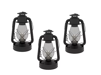 Three Black Metal Vintage Lanterns With Glass Shades For Decorative Use 3d model