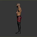 Shirtless Man With Tattoos In Black And Red Wrestling Pants Standing With Arms Outstretched