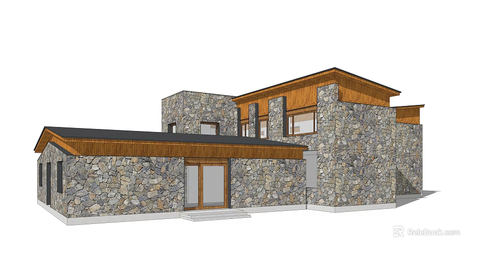 Modern Guesthouse Building With Natural Stone Walls And Wooden Roof Design 3d model 