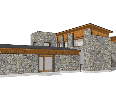 Modern Guesthouse Building With Natural Stone Walls And Wooden Roof Design 3d model