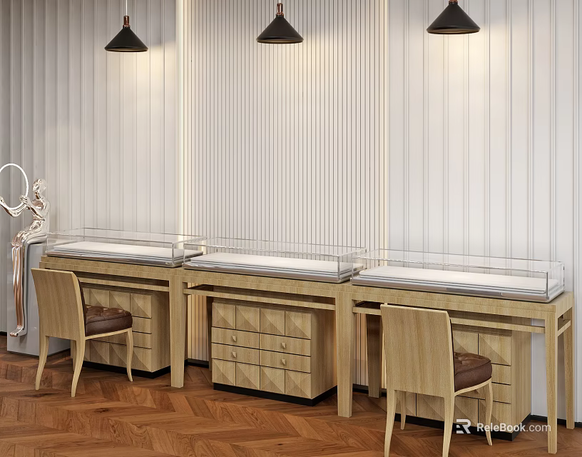 Wooden Glass-Top Display Cabinets With Drawers Under Black Pendant Lights And Vertical Striped Walls 3d model 