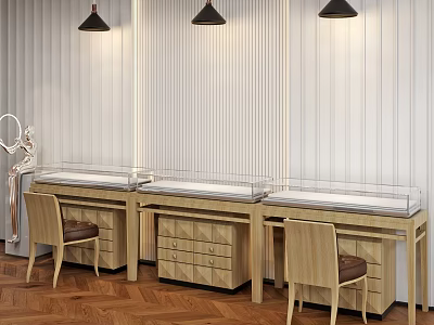 Wooden Glass-Top Display Cabinets With Drawers Under Black Pendant Lights And Vertical Striped Walls 3d model