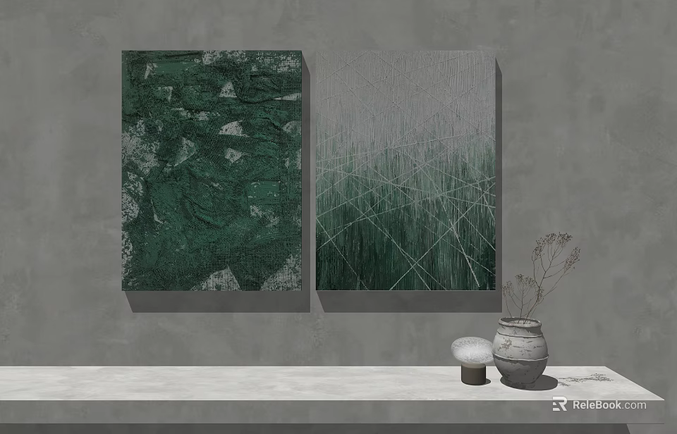 Green Tones Wall Art With Geometric Patterns And Grid Texture On Gray Wall 3d model