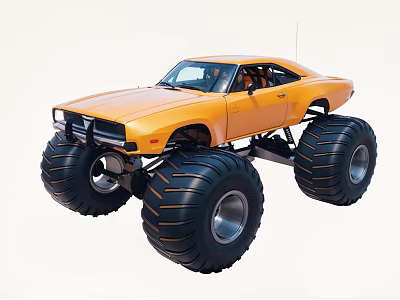 Vintage Yellow Classic Muscle Car Turned Monster Truck With Oversized Tires 3d model