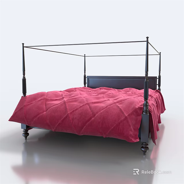 Stylish Double Bed with Black Four Poster Frame and Pink Diamond Quilt 3d model 