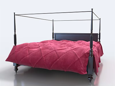 Stylish Double Bed with Black Four Poster Frame and Pink Diamond Quilt 3d model