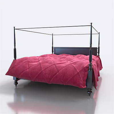 Stylish Double Bed with Black Four Poster Frame and Pink Diamond Quilt 3d model