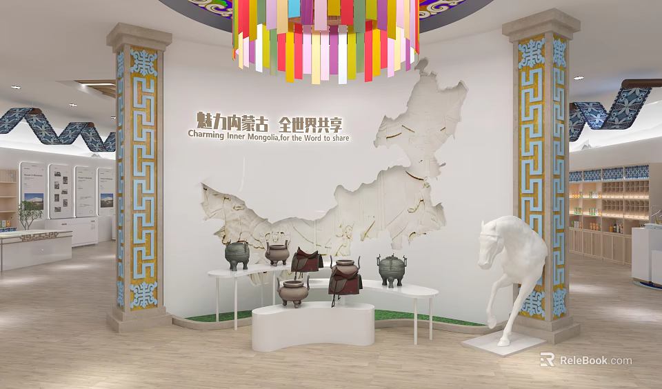 Inner Mongolia Cultural Exhibition With Map Wall Bronze Vessels Saddle And White Horse Sculpture 3d model 