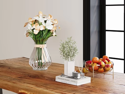 Transparent Vase With White Pink Flowers On Wooden Table With Green Plant And Fruit Bowl 3d model
