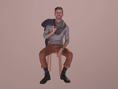 Smiling Man Sitting on Wooden Chair in Gray Sweater Scarf and Brown Pants 3d model