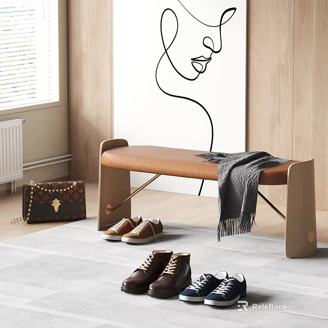Stylish Tan Leather Bench With Gray Blanket Near Wooden Wall And Shoes On Rug 3d model 
