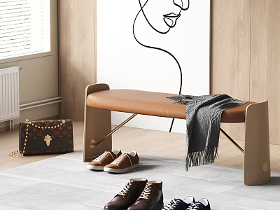 Stylish Tan Leather Bench With Gray Blanket Near Wooden Wall And Shoes On Rug 3d model