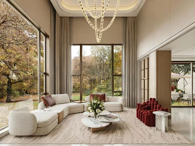 Elegant Duplex Living Room Interior With Large Windows Chandelier Sofa And Coffee Table 3d model