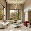 Elegant Duplex Living Room Interior With Large Windows Chandelier Sofa And Coffee Table