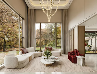 Elegant Duplex Living Room Interior With Large Windows Chandelier Sofa And Coffee Table 3d model
