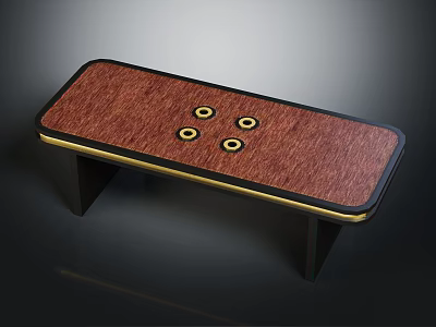 Stylish Table With Red Wooden Surface Gold Trim Four Gold Circular Accents And Black Legs 3d model