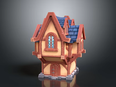 Cartoon Fantasy House With Pointed Red Roof Blue Tiles Yellow Walls And Arched Window 3d model