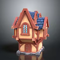 Cartoon Fantasy House With Pointed Red Roof Blue Tiles Yellow Walls And Arched Window