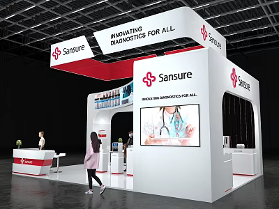 Sansure Innovating Diagnostics Exhibition Booth With Modern Design Display Screen And Reception Desk 3d model
