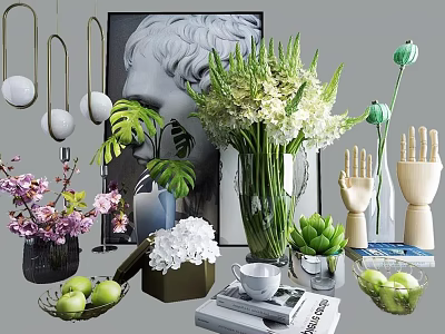 Modern Interior Decor With Vase Floral Arrangement Greenery And Sculpture Elements 3d model