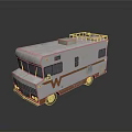 White And Orange Bus With Roof Rack And Front W Logo Parked On Reflective Floor