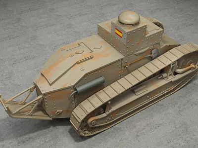 Vintage Rusty Tank With Tracks And Dome Shaped Turret On Gray Surface 3d model