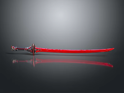 Red Decorative Sword With Ornate Handle Shiny Blade And Surface Reflection 3d model