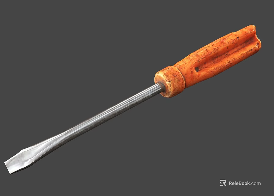 Durable Flat Head Hardware Tool Screwdriver With Orange Wooden Handle And Steel Shank 3d model 