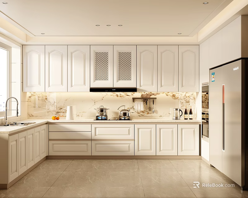Modern Kitchen Interior With White Cabinets Marble Countertops And Stainless Steel Appliances 3d model 