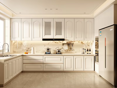 Modern Kitchen Interior With White Cabinets Marble Countertops And Stainless Steel Appliances 3d model