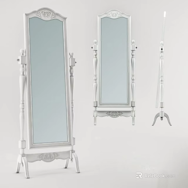 Elegant White Floor Mirror With Ornate Stand And Decorative Design Details 3d model 