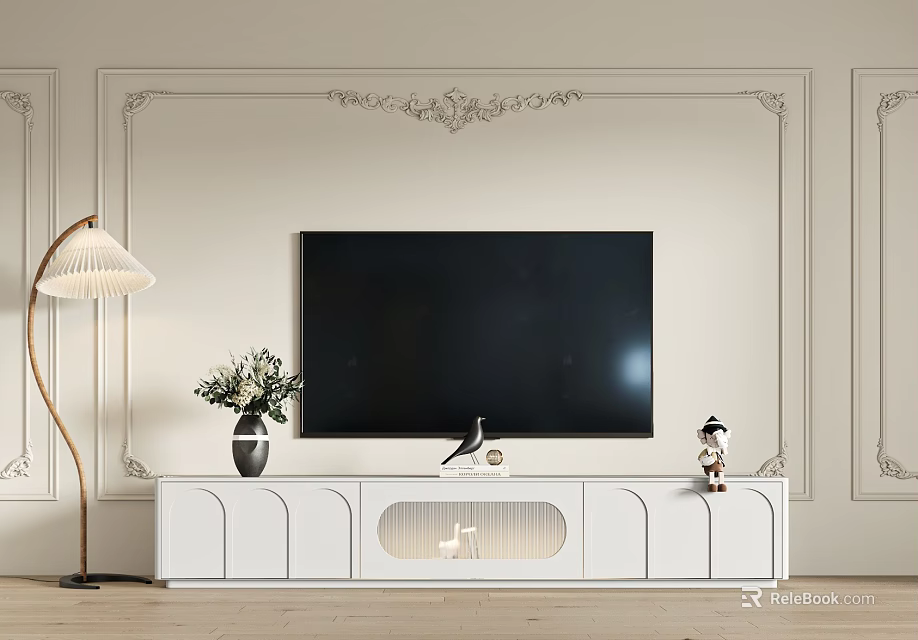 Modern White TV Cabinet with Decorative Items Floor Lamp Against Ornate Wall Panels 3d model 