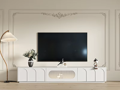 Modern White TV Cabinet with Decorative Items Floor Lamp Against Ornate Wall Panels 3d model