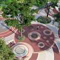 Children's Playground with Circular Play Areas Colorful Squares Walking Paths and Green Plants