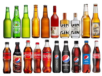 Assorted Beverages Including Beer Gin Carbonated Drinks And Juice In Various Bottles Collection 3d model