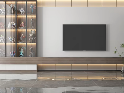 Modern TV Wall Design With Glass Display Cabinet With Collectible Figurines Wooden Stand And Ambient Lighting 3d model
