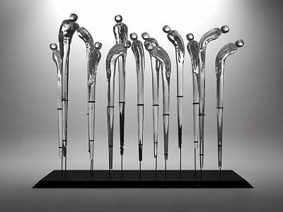 Modern Ornamental Sculpture Set with Slender Metallic Stems and Spherical Tops on Black Base 3d model
